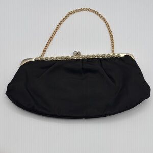 Vintage Elegant Black Evening Clutch Gold Chain w/ Floral Rhinestones on Frame